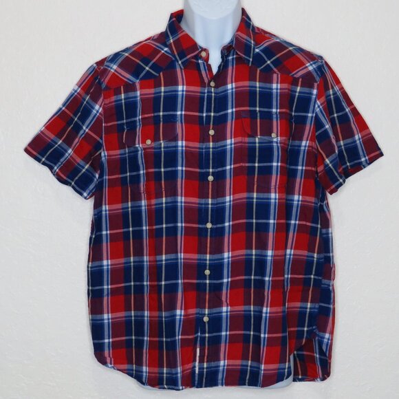 Lucky Brand* Men's Short Sleeve Snap Down Curved Hem Pocket Plaid Shirt~ Large - Picture 1 of 11